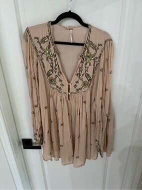 Free People Bali Golden Beaded Embroidered V-Neck Boho Mini Dress in Blush